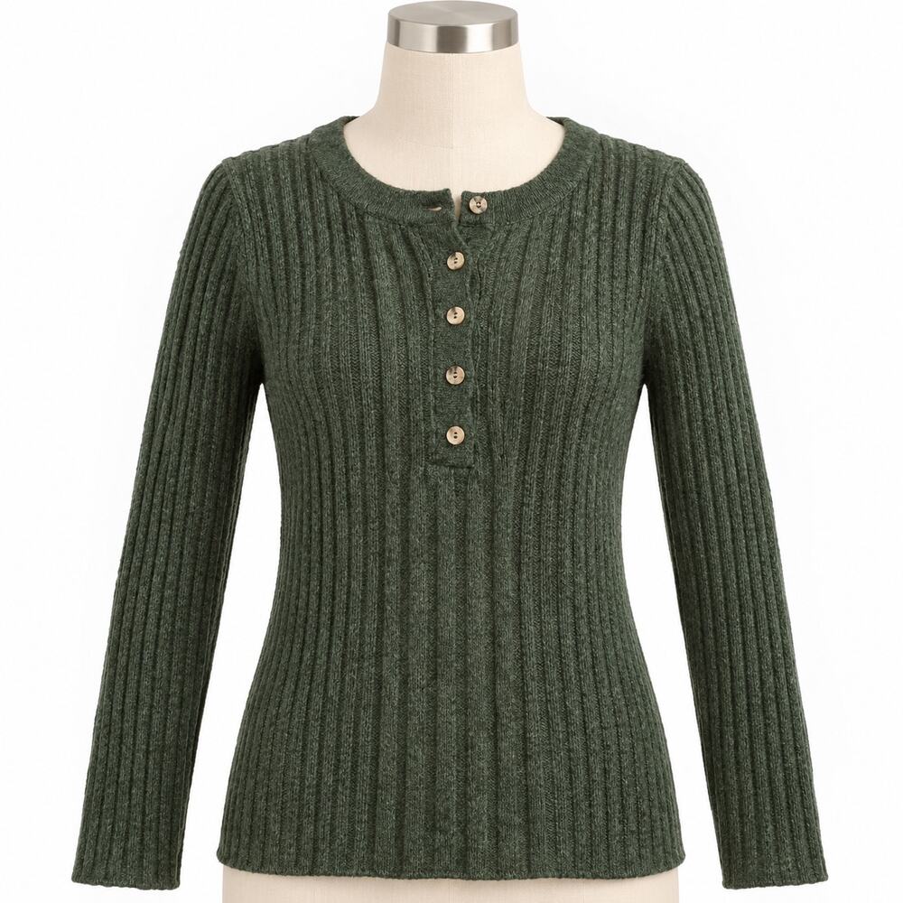 Madewell Dark Green Alpaca Blend Ribbed Henley Top Women's Small Long Sleeve